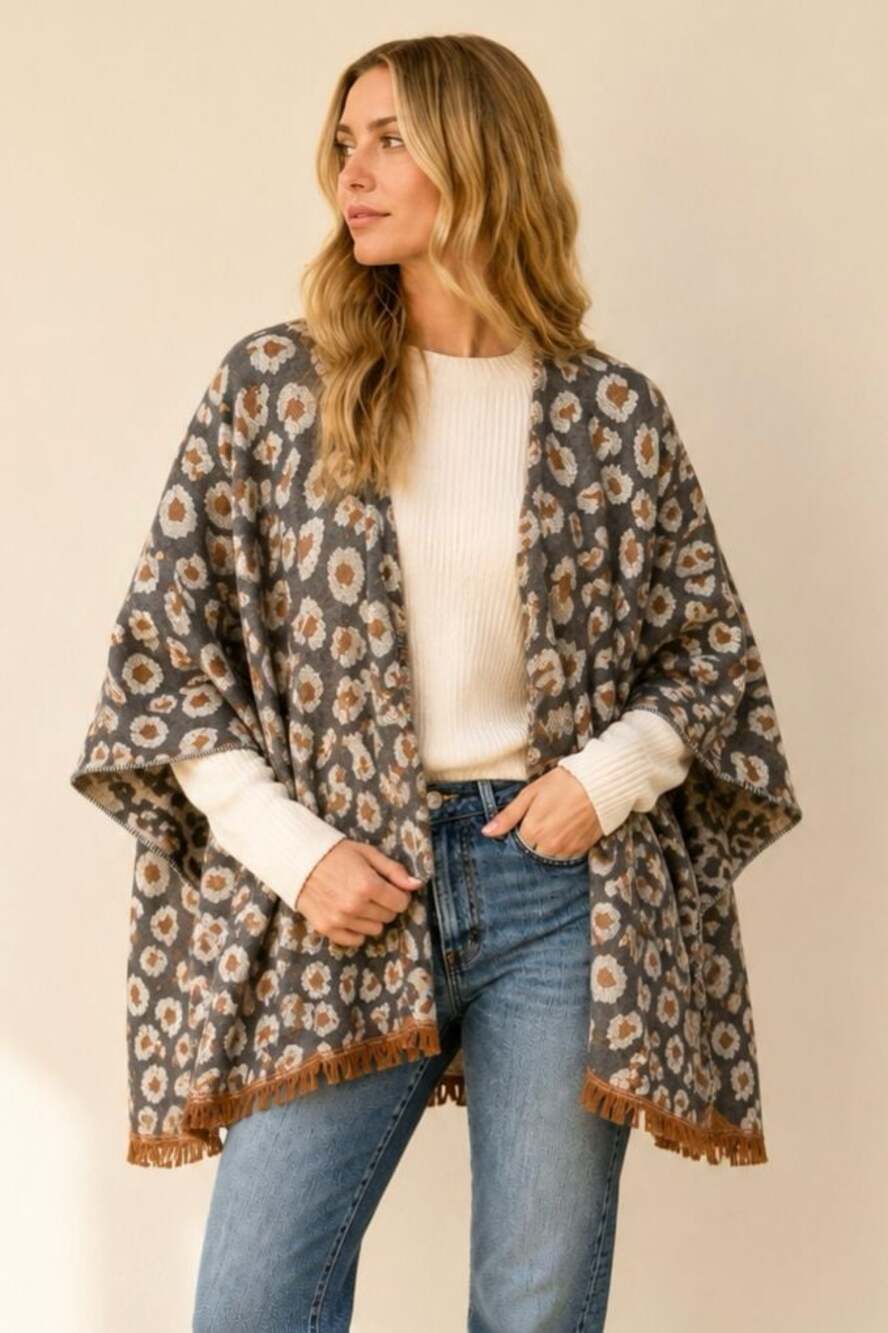 Do Everything In Love Leopard Ruana Poncho Wrap Fringe Boho Cozy One Size